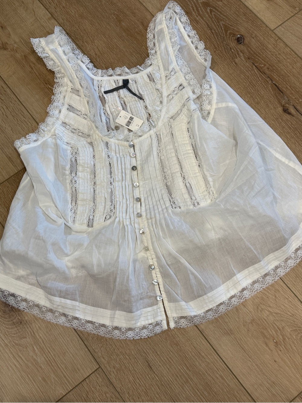 Anthropologie White Lace-Trim Button Front Sleeveless Blouse, 100% cotton